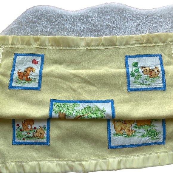 Vintage Hand Crafted Yellow Baby Blanket Animal Appliques Satin Edge Floor Time - Picture 10 of 16